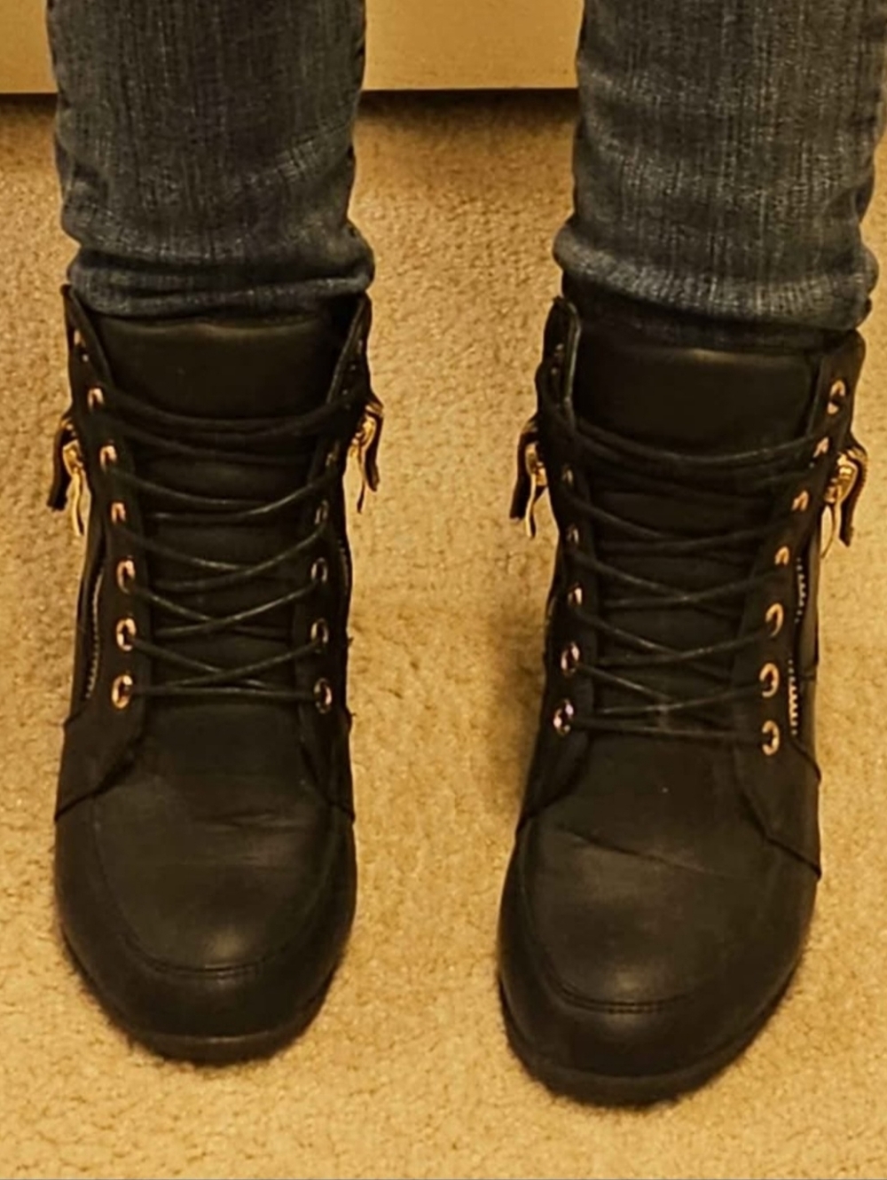 Wedge Sneaker Booties with Gold Zipper - Black